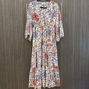 Boemo Women Maxi Dress Size L Floral Paisley Bell Sleeve Tiered Boho Long Dress